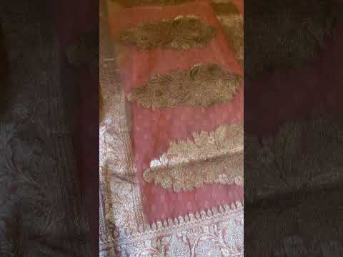 Kora Silk Handloom Rangkaat Saree in Coral and Pista Green