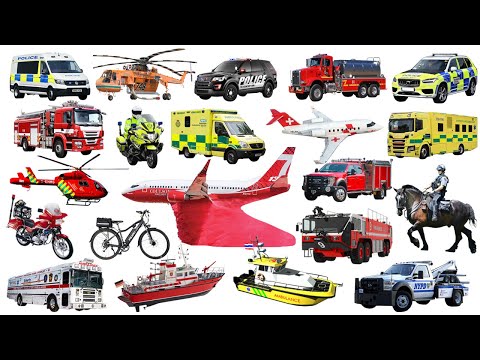 Learning Emergency Vehicles in English - Police, Fire, Ambulance, Rescue Trucks for Kids