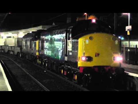 37059 with 37218 DIT 6k73 flasks, stagger at Carnforth, 19th November 2014