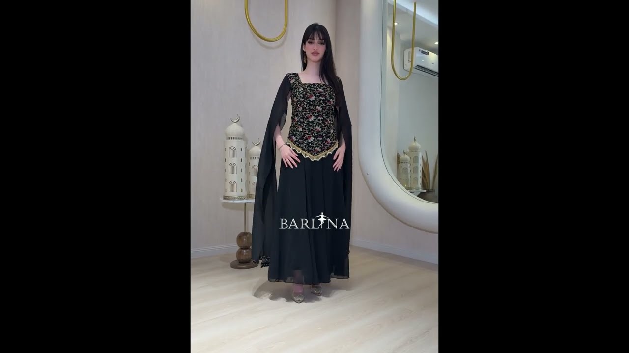 Black embroidered jalabiya with sheer draped sleeves - XXL