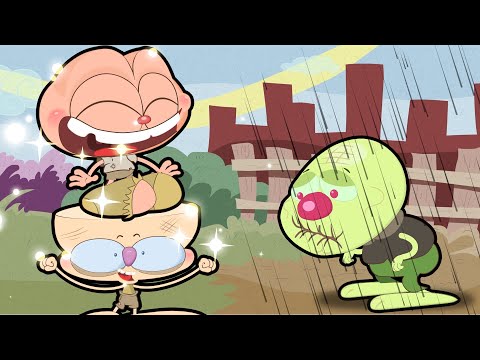 Capa de Mongo e Drongo confortam o Velhinho idoso antigo de antigamente. Desenho com Mongo e Drongo mendigos