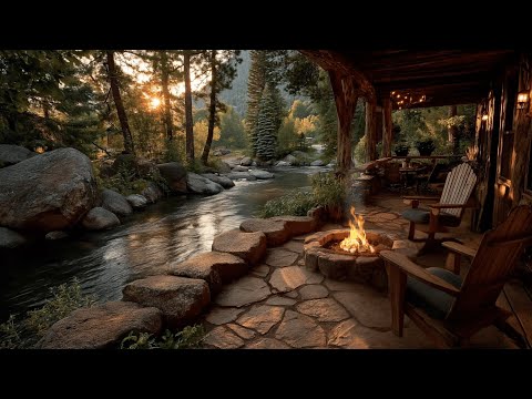 Calm River Morning | Forest Ambience from a Cozy Cabin Porch with Campfire & Nature Birds Songs