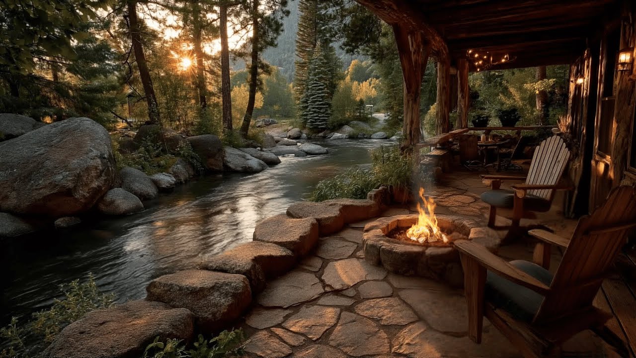 Calm River Morning | Forest Ambience from a Cozy Cabin Porch with Campfire & Nature Birds Songs