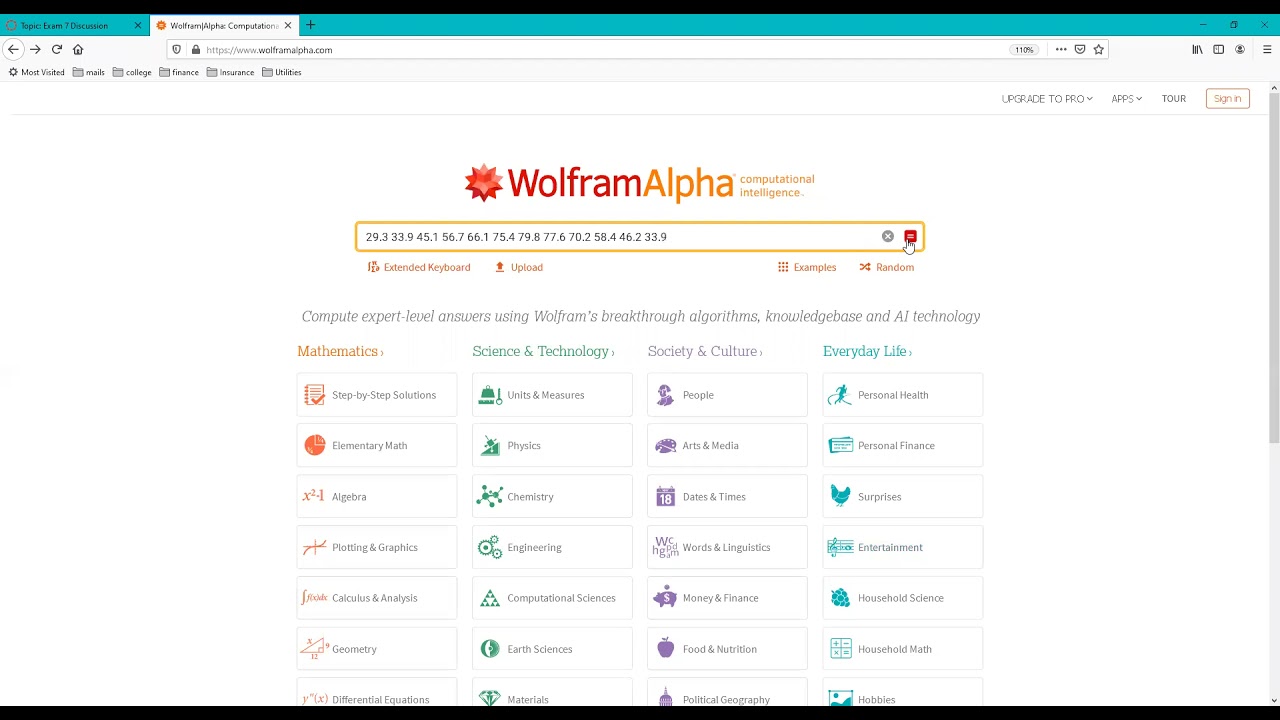 Calculating basic statistics using site wolframalpha.com