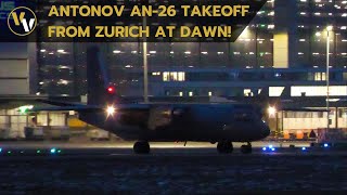 Ukrainian Air Force Antonov AN-26 takeoff at Zurich Airport at dawn - WEF 2024