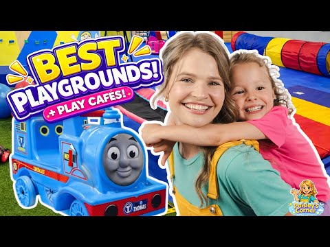 Smiling woman with a young girl hugging her on a colorful playground with a blue toy train and bold 'Best Playgrounds' text—video thumbnail.
