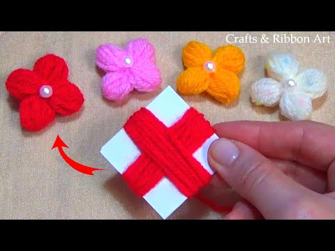 Amazing Woolen Flower Ideas with Paper - Super Easy Flower Making - Hand Embroidery Easy Trick