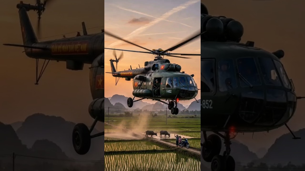 Vietnamese Helicopter Air Force Mi-17 Low Flight in Rice Fields!
