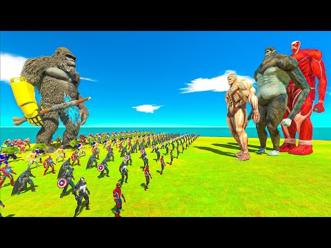 King Kong revolt battle with Superheroes army vs Team Titans - Animal Revolt Battle Simulator