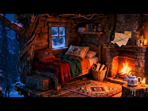 Relaxing Treehouse Night Ambience | Warm Fire and Cold Blizzard Outside