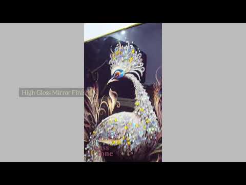 Masstone Peacock Golden effect Crystal Embedded High Gloss Surface Golden Slim Frame Glass Painting
