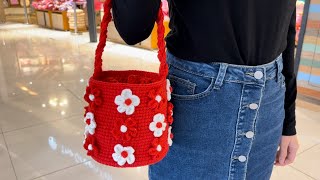 [Crochet Bag Tutorial] - How to make Christmas New Year Red Flower Hand Bucket Bag
