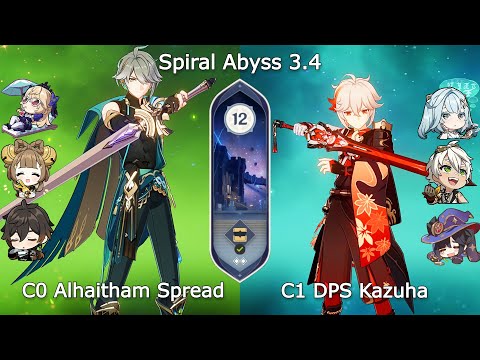 C0 Alhaitham Spread and C1 DPS Kazuha - Spiral Abyss 3.4 Floor 12 Genshin Impact