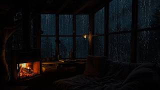 Rain on the Windows of a Warm Cabin | Soothing Firelight Sounds for Sleep