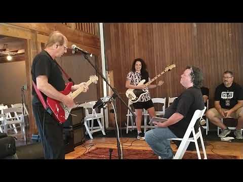 Adrian Belew Power Trio rehearsing in the barn