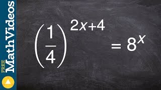 Rewriting two exponents to the same base so you can use the one to one property to solve