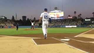 Stana Katic throws the first pitch at the Los Angeles Dodgers vs Pittsburgh Pirates