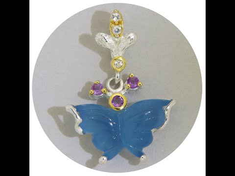 Pandantiv Argint 925 Accente Aurite Acvamarin Gravat Manual Ametist Naturale Fluture Diafan