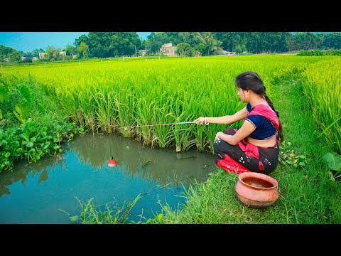 Fishing Video || The Skilled Village Girl Collects Money by Fishing Constantly || Hook Fishing