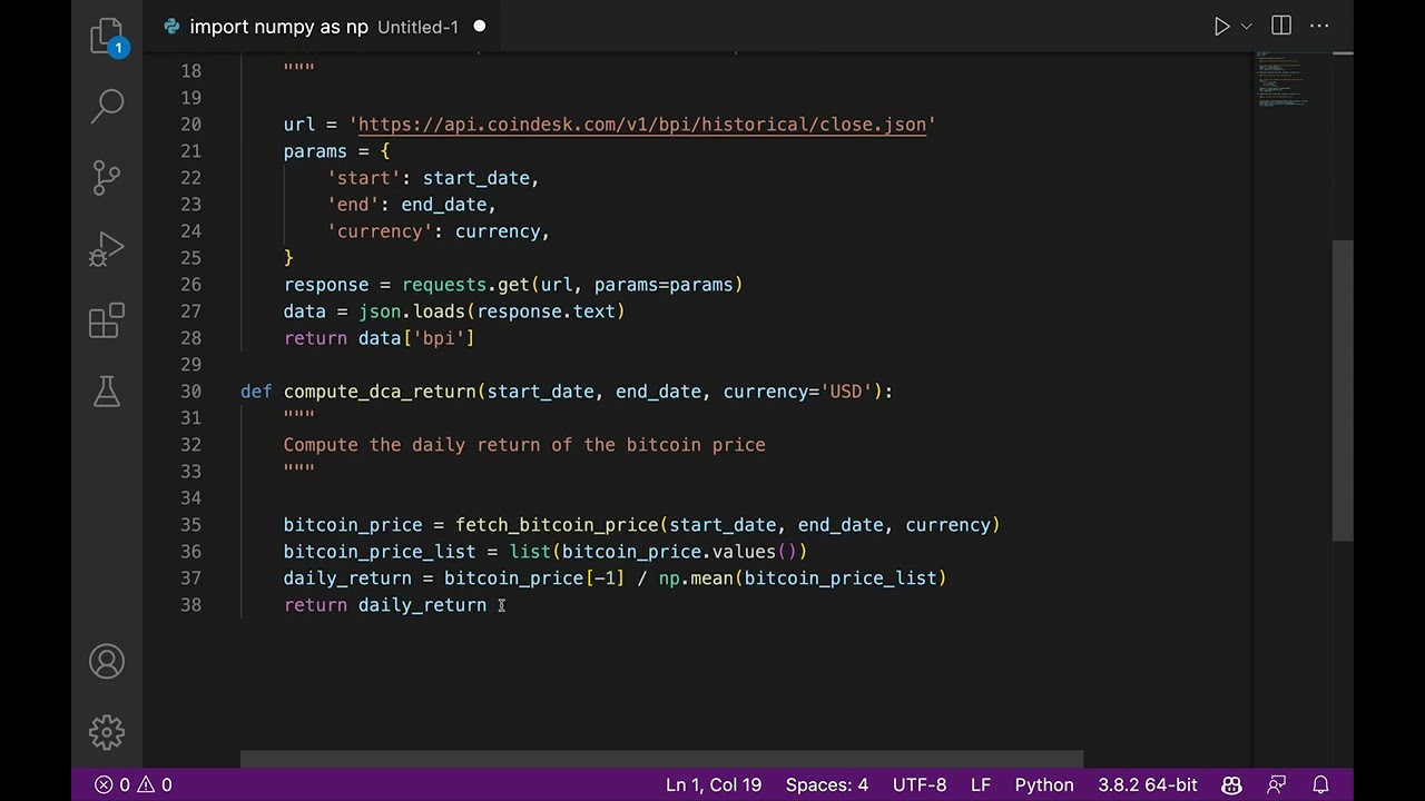 Fetching Bitcoin price and computing DCA investment return in Python | GitHub Copilot