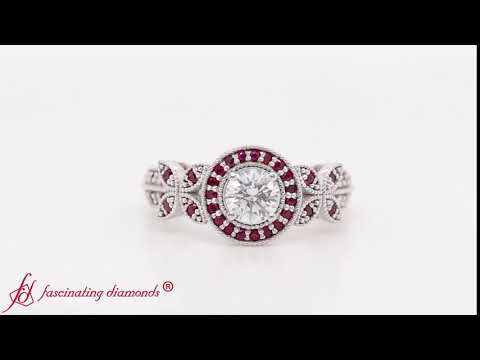 Nature Inspired Round Halo Vintage Engagement Ring With Ruby In 18K White Gold