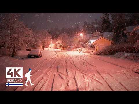 Lonely at Night in Heavy Snowfall, Colorful Street Walk in Finland - Slow TV 4K
