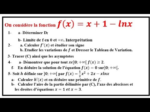 ✅ f(x)=x+1-lnx. Étude fonctions log étude fonction ln variations courbe tracer calcul d'aires.