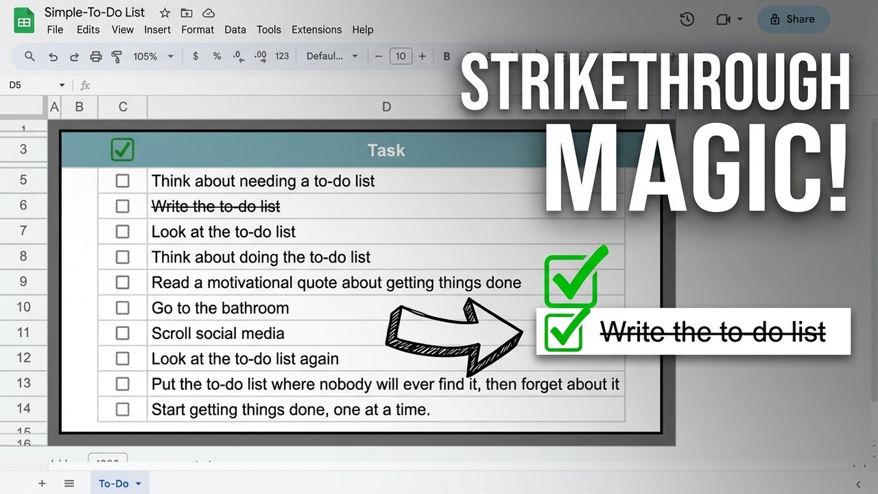 ✅ Simple To Do List with Strikethrough Formatting (Google Sheets)