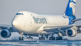 BOEING 747 DISAPPEARS IN ITS OWN SNOW CLOUD DURING DEPARTURE (4K)