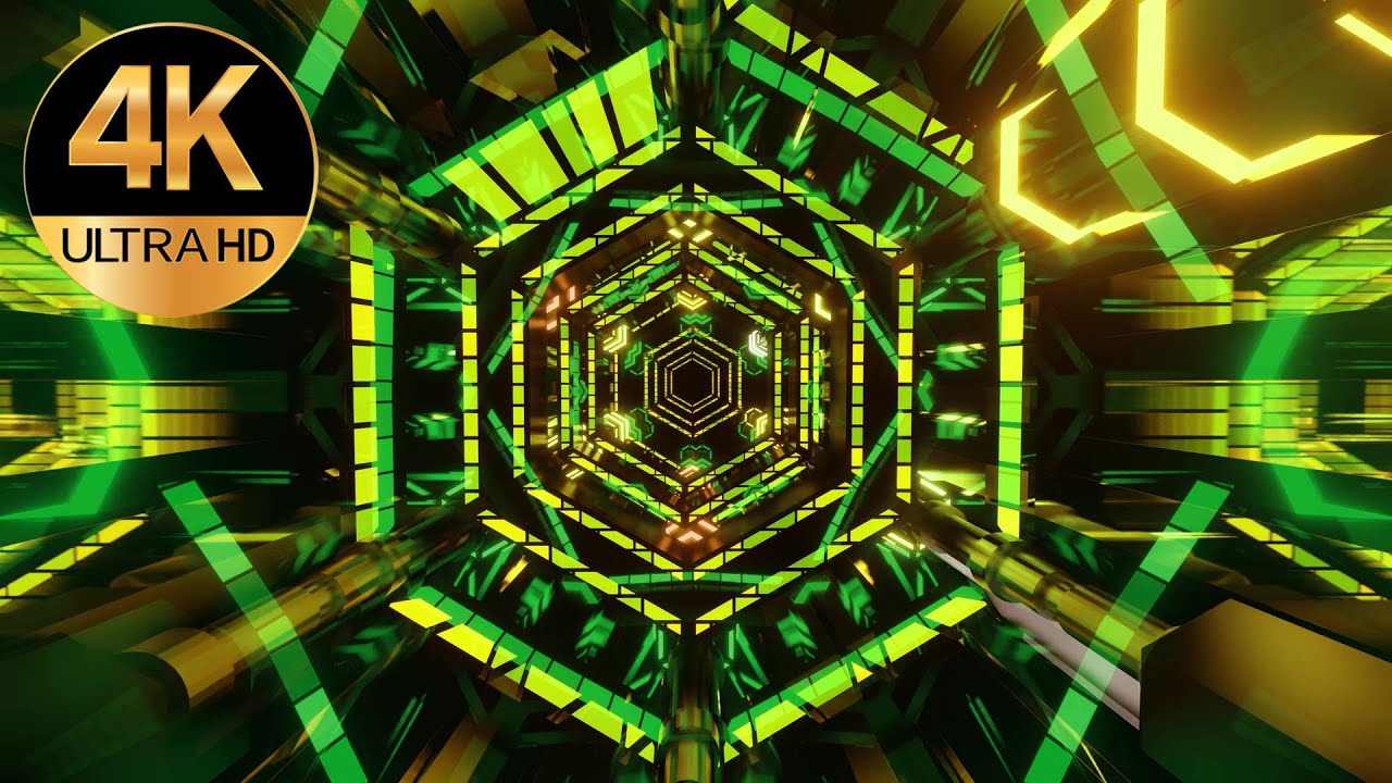 10 hour 4k Relaxing Metallic hexagon Green Color Neon tunnel abstract background video, vj loop
