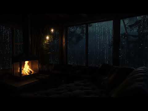 Peaceful Rain on Window with Warm Fireplace in Forest Night | Cozy Cabin Ambience for Sleeping