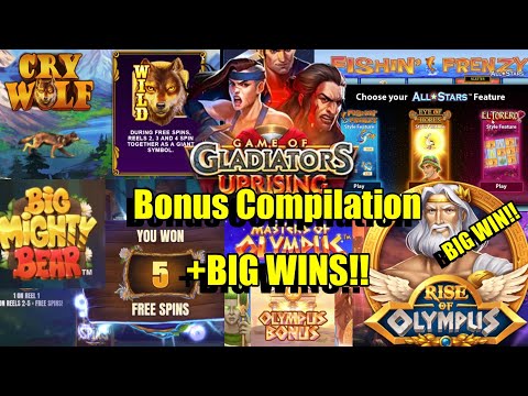 Thumbnail for video: Bonus Compilation, Fishin Frenzy All Stars, Game Of Gladiators + Community BIG WINS!! & Much More