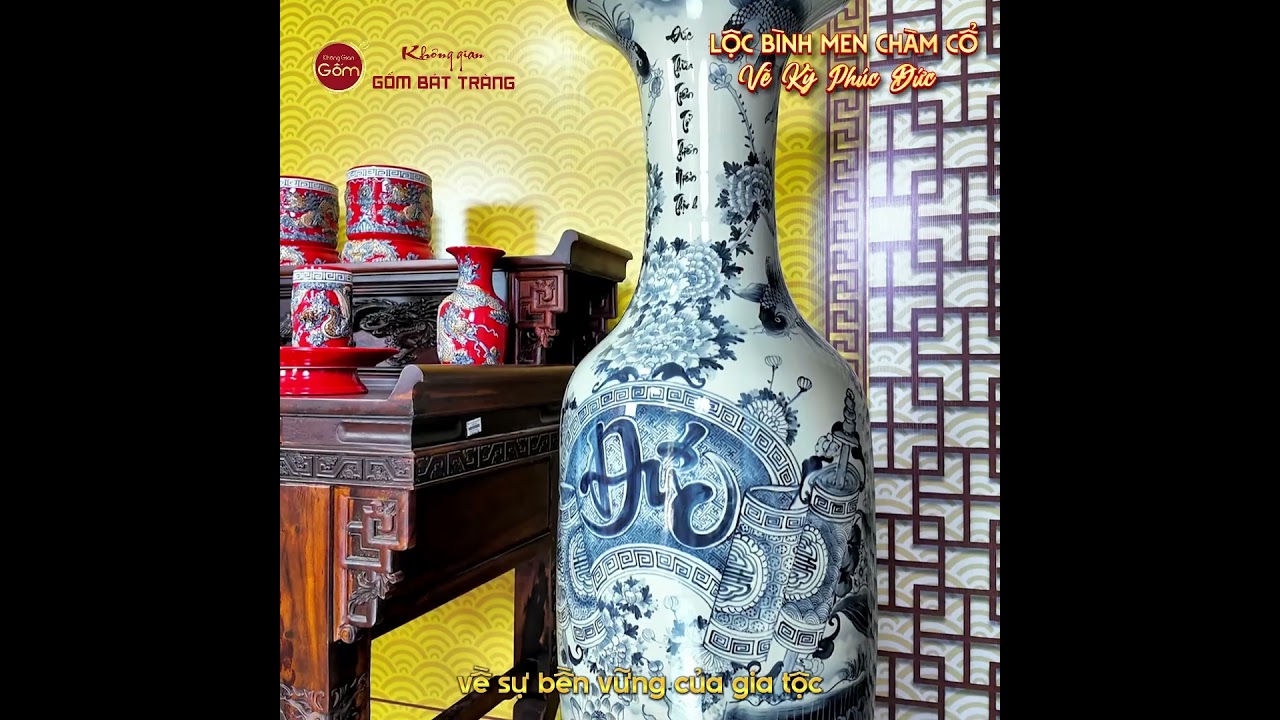 Lộc Bình 1M6 Men Chàm Cổ Vẽ Kỹ Phúc Đức