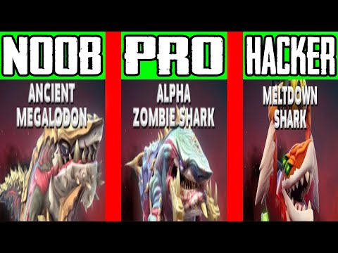 Hungry Shark World - Ancient Megalodon VS Alpha Zombie Shark VS Meltdown Shark - NOOB VS PRO VS HACK