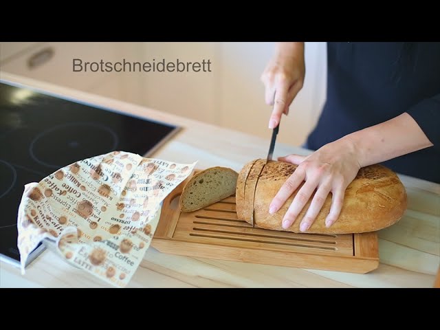 Video Teaser für Brotschneidebrett mit Krümelrost aus Bambus