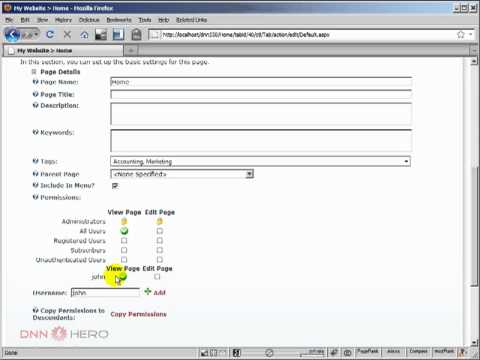 DotNetNuke Tutorial, Giving permission on a user level in DotNetNuke - Video #137