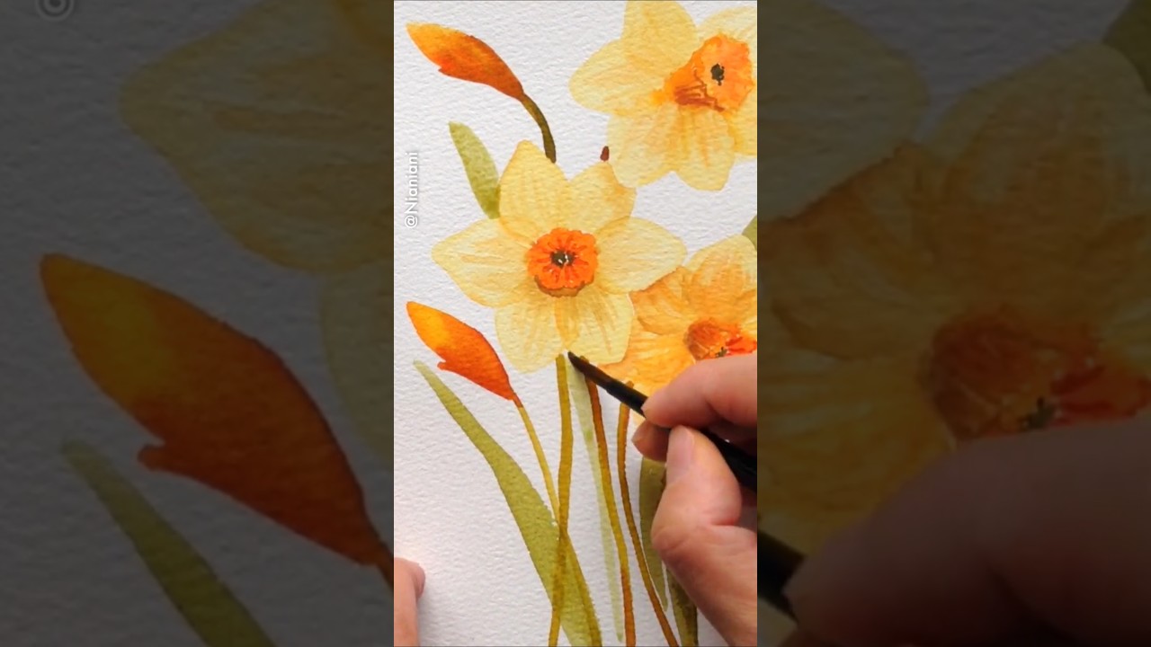 Freehand Watercolor Daffodil Flowers: Full Tutorial Linked