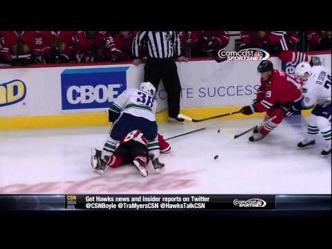 Jannik Hansen flying elbow on Marian Hossa Feb 19 2013 Vancouver Canucks vs Chicago Blackhawks NHL