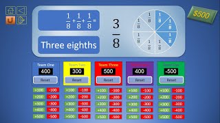 Fractions Jeopardy game with an automatic scoreboard