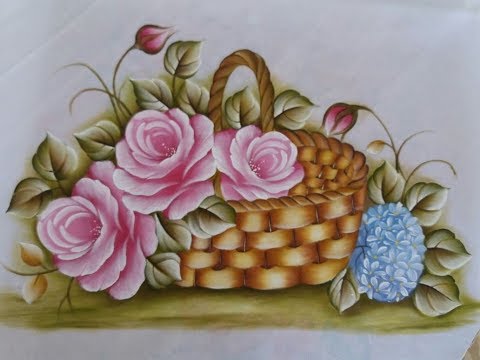 Cesta Com Rosas Pintura Em Tecido