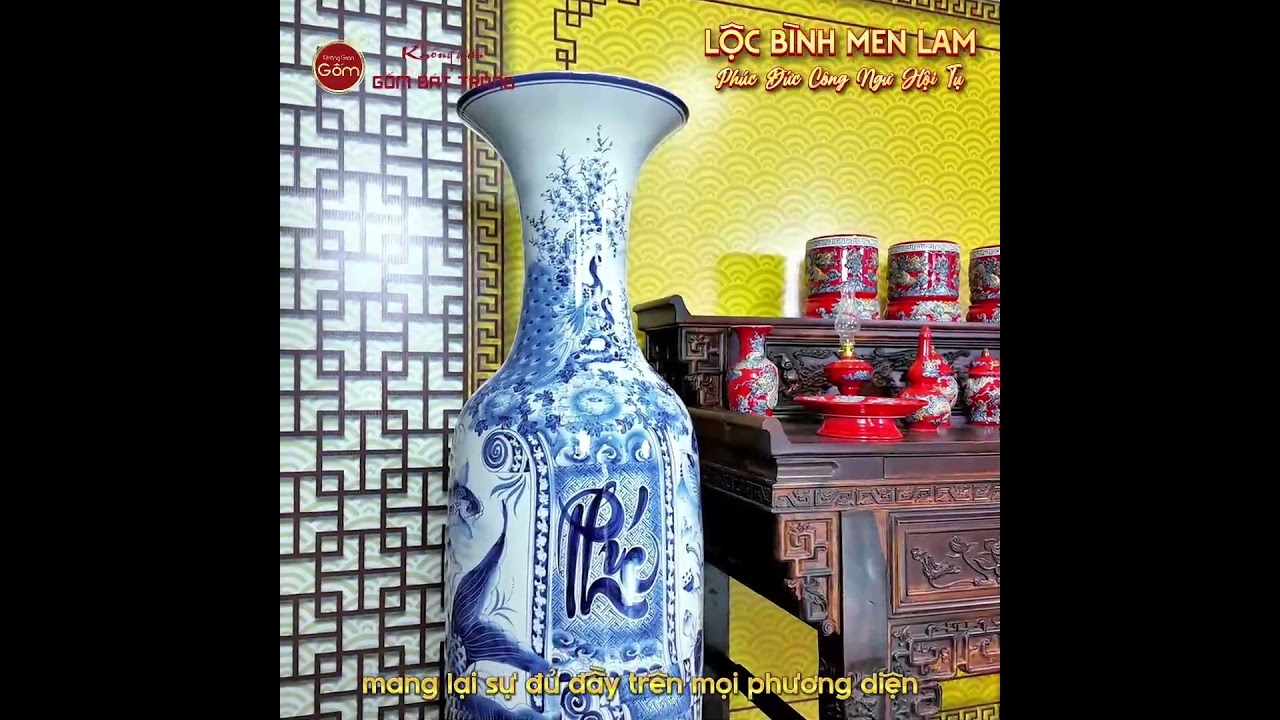 Lộc Bình 1M6 Men Lam Phúc Đức Công Ngư Hội Tụ