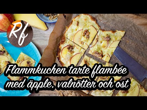 Flamkuchen eller Tarte flambée toppad med äpple, valnötter, god ost och crème fraiche. >
