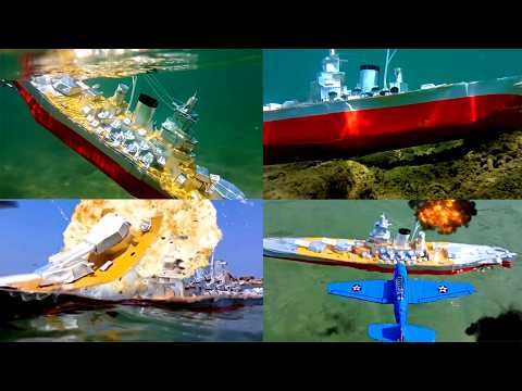 Battleship Yamato sinking, cardboard model of ship sinking after battle with planes, shipwreck