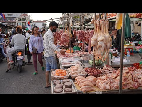 Evening Street Market Scene - Plenty Fresh Fruit, Vegetable, Rural Fish, Pork & Beef @Tuol Tumpoung