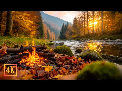Peaceful Morning Ambience in Autumn Forest 🍂 Cozy Campfire & Calming River Sounds for Relaxation