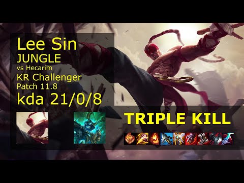 Lee Sin Jungle vs Hecarim - KR Challenger 21/0/8 Patch 11.8 Gameplay // [롤] 리 신 vs 헤카림 정글
