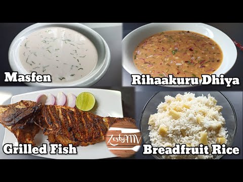 Masfen, Rihaakuru dhiya, grilled fish & breadfruit rice / Maldivian food