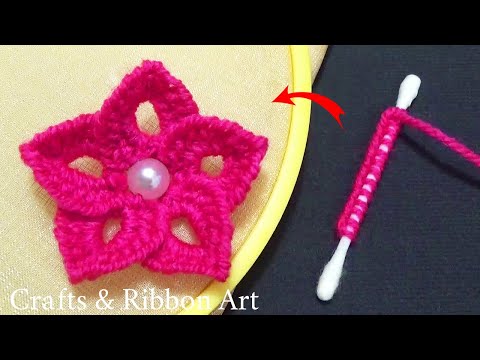 Amazing Woolen Craft Ideas with Cotton Buds - Easy Woolen Flower Making - Hand Embroidery Flower