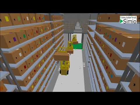 AGV warehouse optimization simulation in Simio — automated guided vehicle fleet sizing