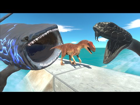 Dinosaurs running away from Bloop and Black Mamba snakes -  Animal Revolt Battle Simulator